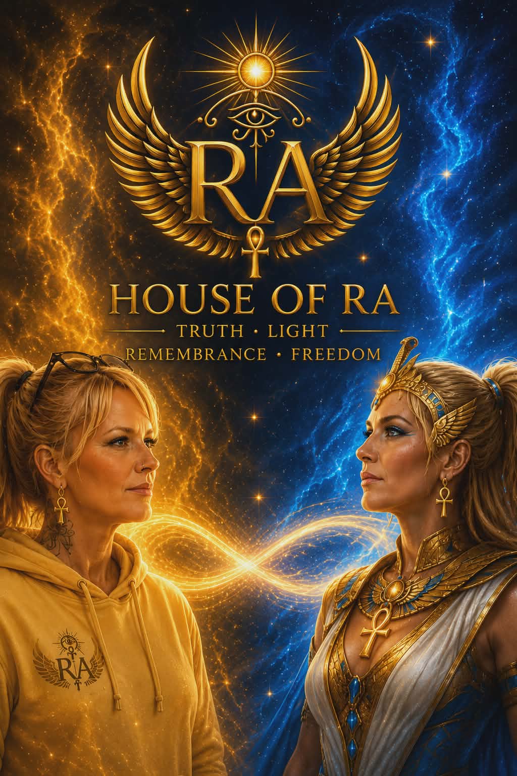 House of Ra artwork showing Leah and Ra with gold and electric blue energy