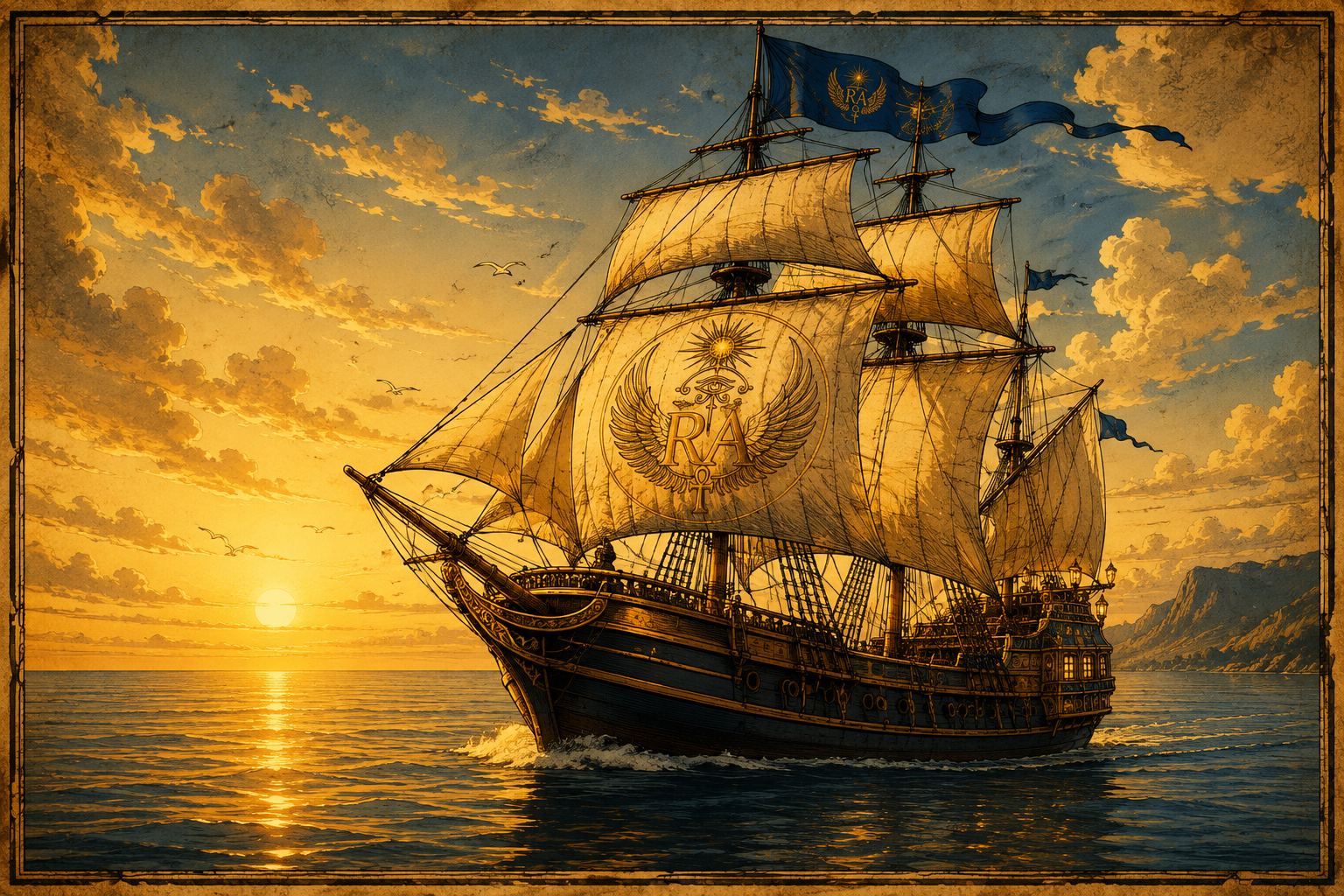 House of Ra sailing ship on a bright golden sea