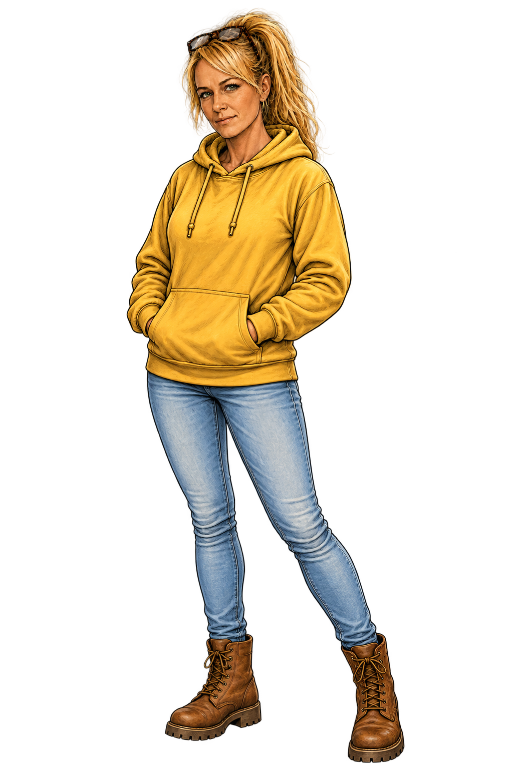 Illustrated character of Leah in a yellow hoodie, light blue jeans and brown boots